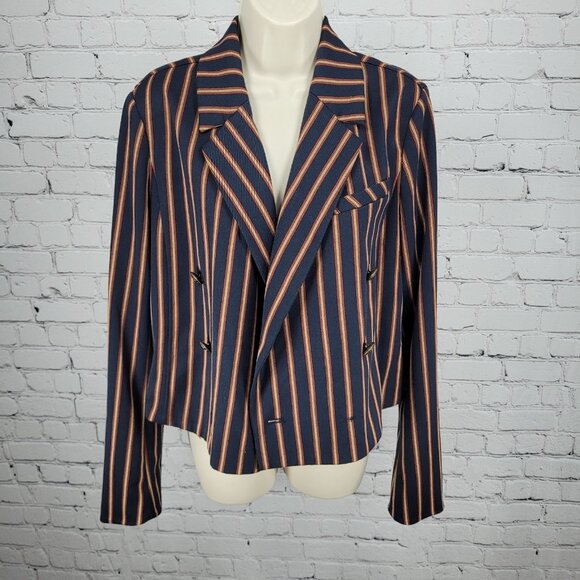 Free People Navy Striped Double Breasted Buttoned Cropped Jacket Small S - Picture 1 of 16